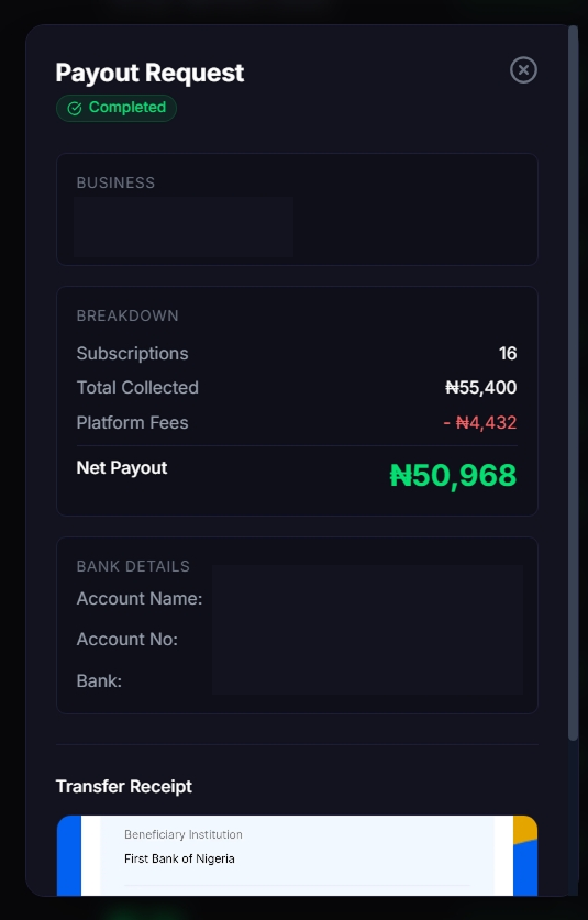 Completed payout request for ₦50,968 net, from 16 subscriptions